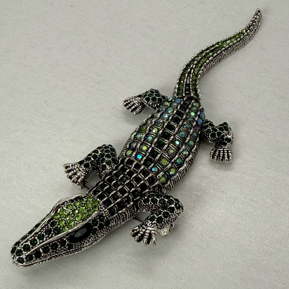 Alligator Crocodile Rhinestone Brooch Pendant Green Crystal Costume Jewelry